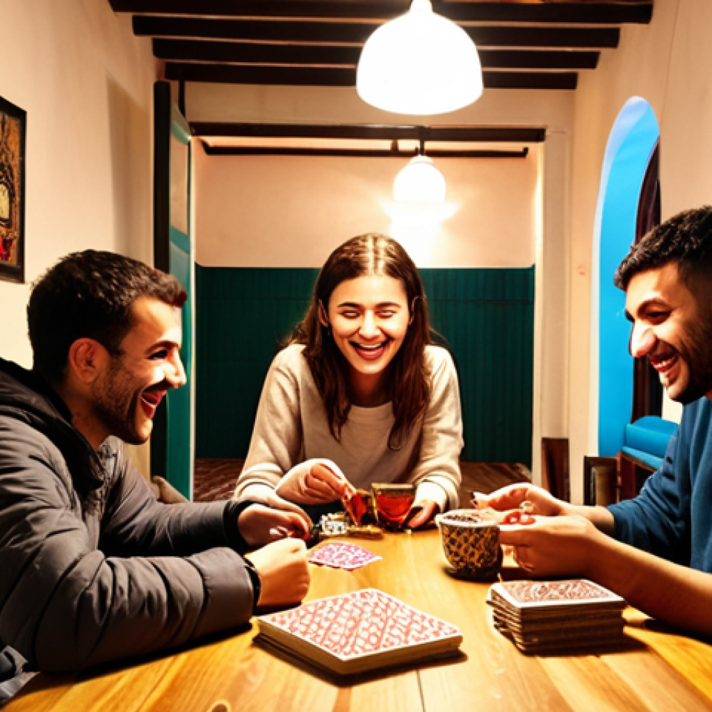 **

> A cozy hostel common room in Istanbul, Turkey. Backpackers from various countries are chatting and laughing. Some are using laptops, others are playing cards. Turkish tea glasses and snacks are on the tables. Soft, warm lighting.

**