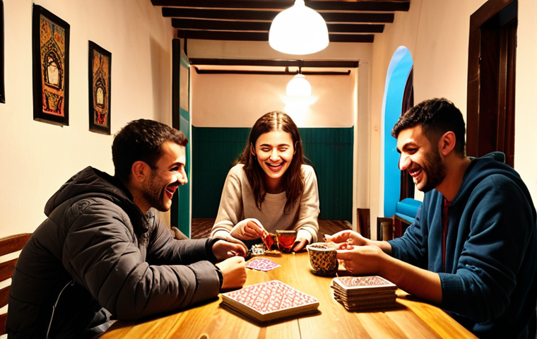 **
> A cozy hostel common room in Istanbul, Turkey. Backpackers from various countries are chatting and laughing. Some are using laptops, others are playing cards. Turkish tea glasses and snacks are on the tables. Soft, warm lighting.
**